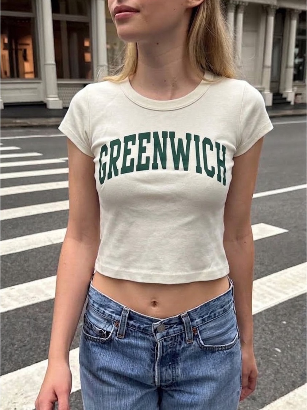 BRANDY MELVILLE JOHN GALT Ashlyn Greenwich Cream Cropped Graphic Tee